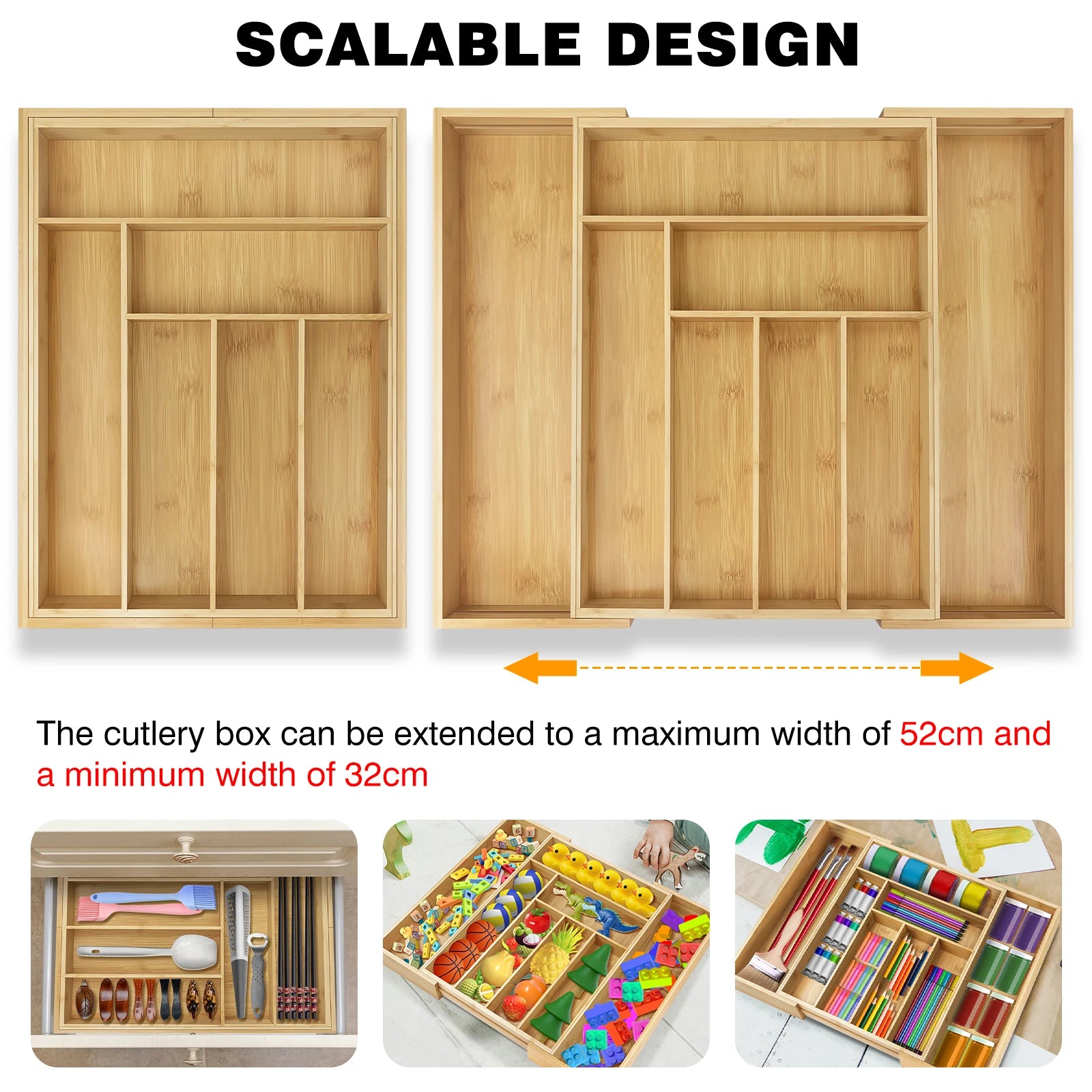 Bamboo Cutlery Tray – Adjustable 6-8 Compartment Kitchen Drawer Organiser