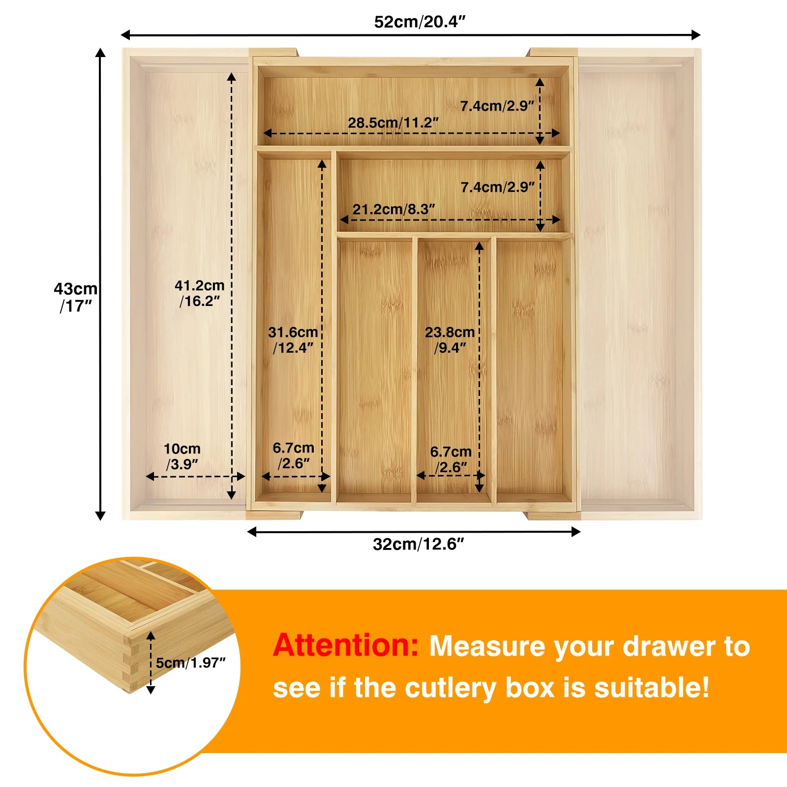 Bamboo Cutlery Tray – Adjustable 6-8 Compartment Kitchen Drawer Organiser