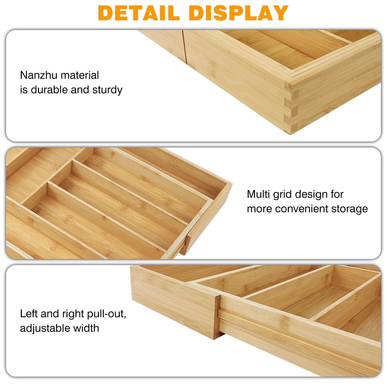 Bamboo Cutlery Tray – Adjustable 6-8 Compartment Kitchen Drawer Organiser