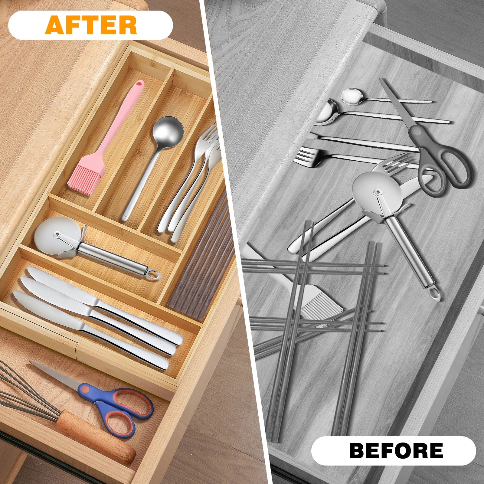 Bamboo Cutlery Tray – Adjustable 6-8 Compartment Kitchen Drawer Organiser