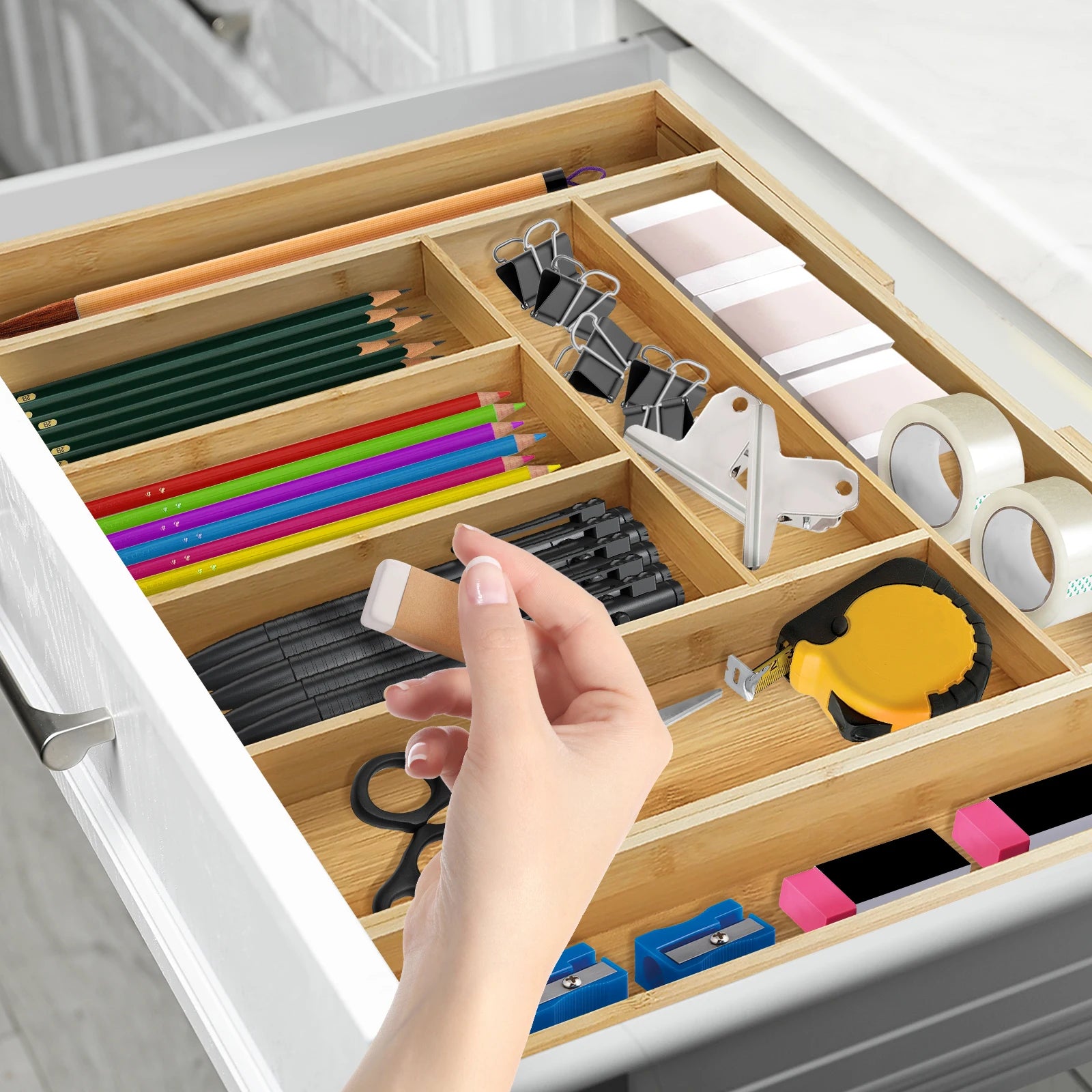 Bamboo Cutlery Tray – Adjustable 6-8 Compartment Kitchen Drawer Organiser