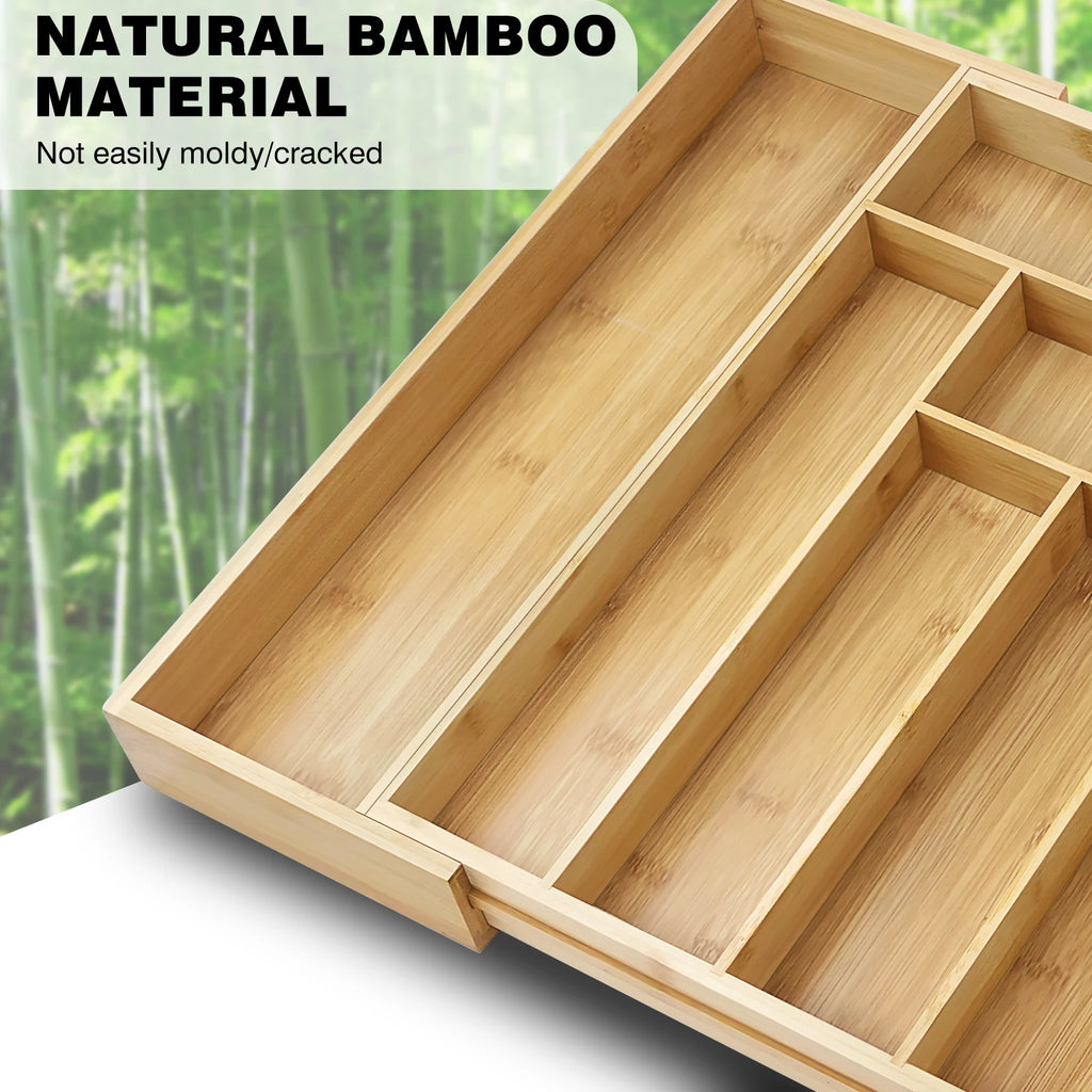 Bamboo Cutlery Tray – Adjustable 6-8 Compartment Kitchen Drawer Organiser
